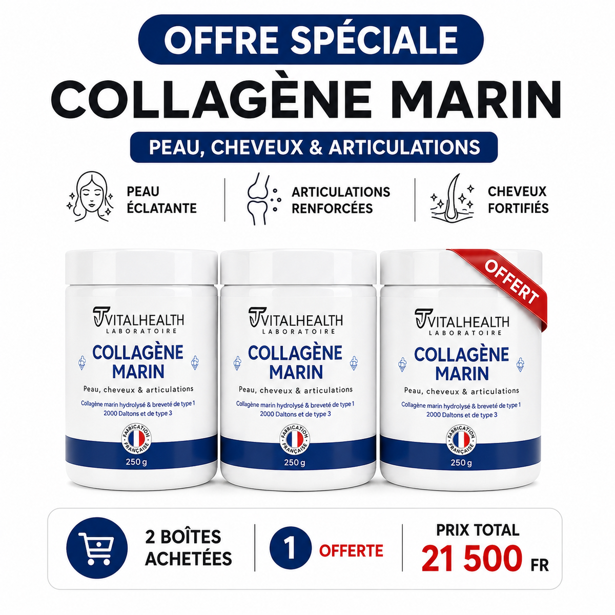 OFFRE SPÉCIALE : Achetez 2 boîtes de Collagène+ Beauté et recevez-en 1 GRATUITE, le tout pour 21 500 FR ✨