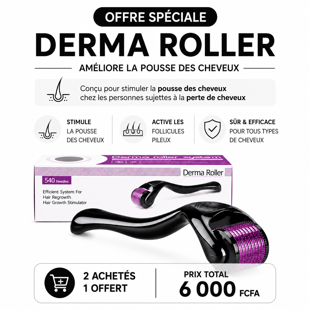 ✨ CROISSANCE DES CHEVEUX : Achetez 2 Dermarollers, Obtenez 1 GRATUIT ✨